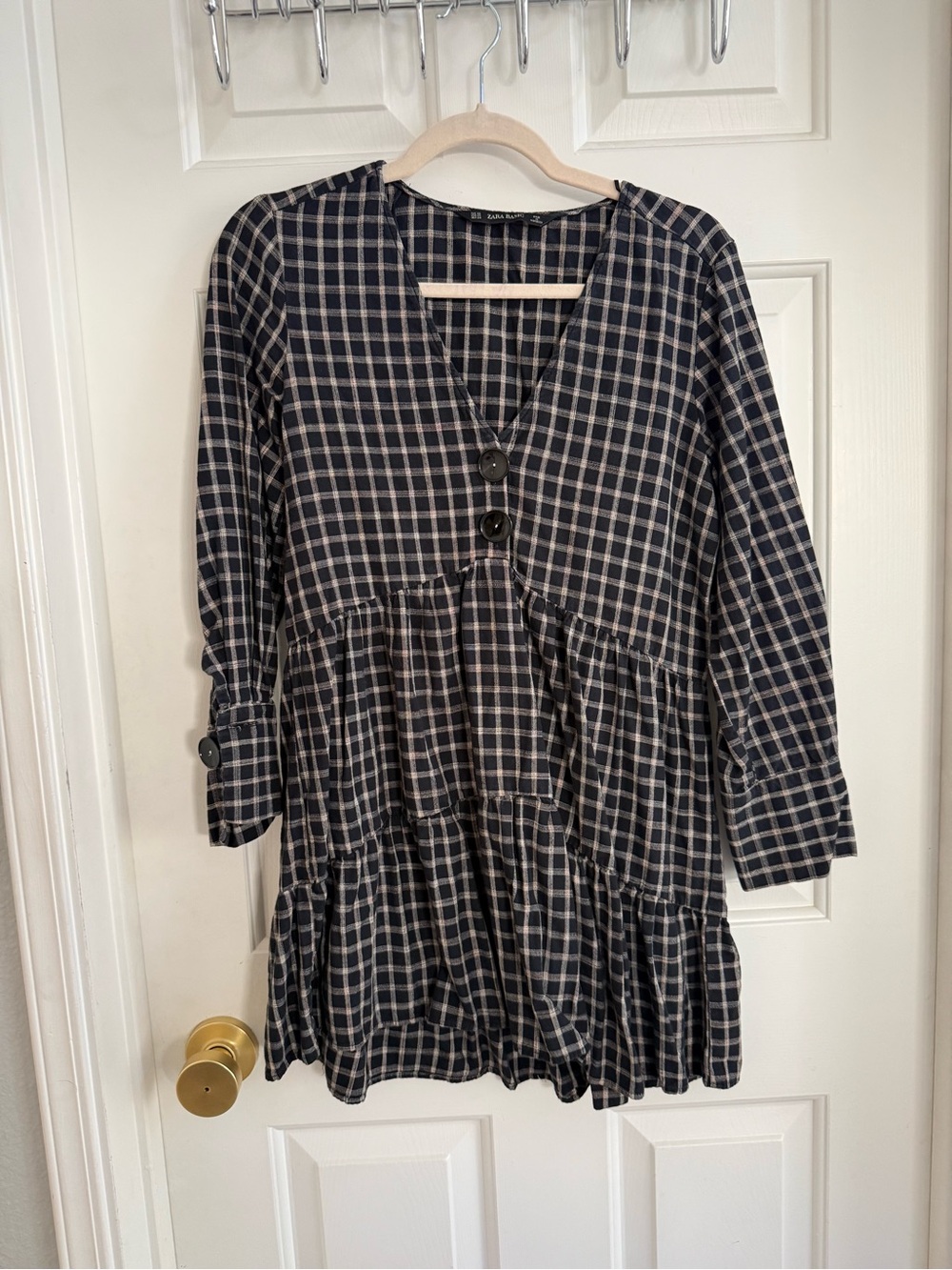 Zara Black and Tan Plaid Tiered Long Sleeve Dress